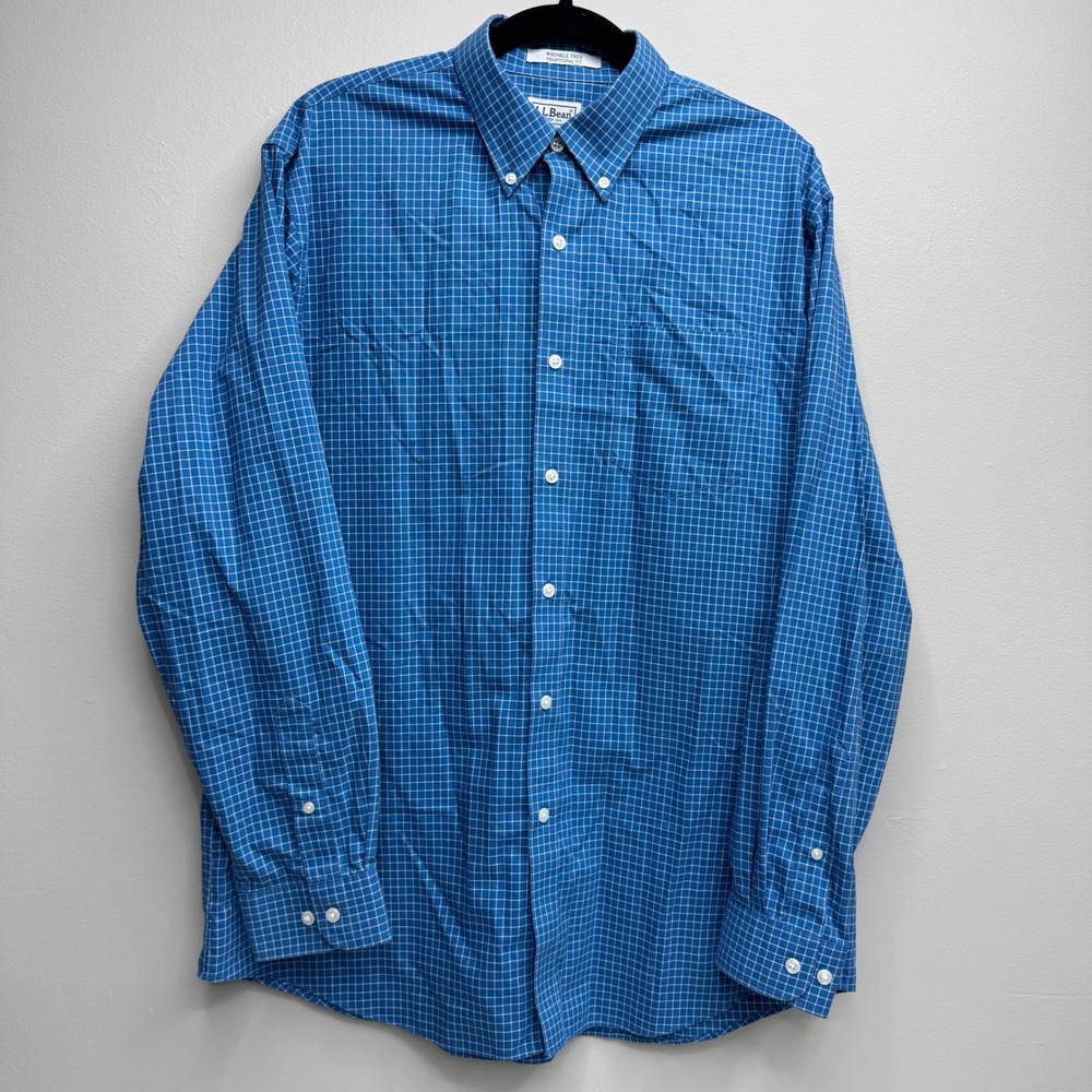 LL Bean Mens L Blue White Micro Check Wrinkle Free Traditional Fit Shirt 275569